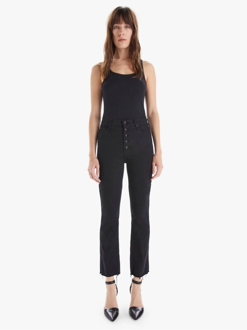 MOTHER The Pixie Dazzler Ankle Fray Jeans 25 Not Guilty Black Crop Straight